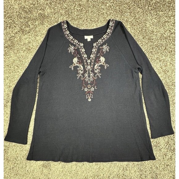 J.Jill Boho Embroidered‎ Waffle Knit Tunic Top L Navy Pink Floral V-Neck Long - Picture 1 of 8